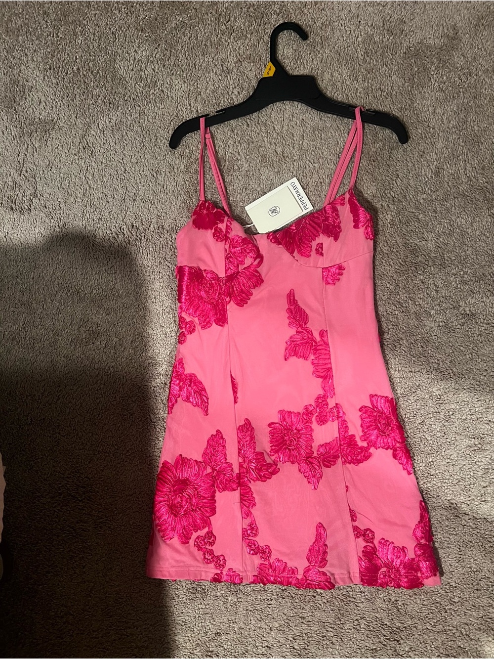 Peppermayo Pink Mini Dress with Hot Pink Floral Embroidery